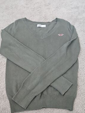 Hollister Olive V-Neck Sweater with Maroon Embroidered Logo